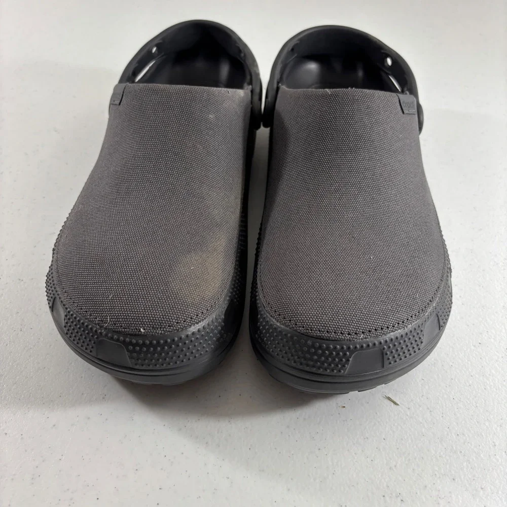 Crocs Classic Crafted Clogs Mens 12 Black Canvas Textile Upper Strap Shoes EUC!